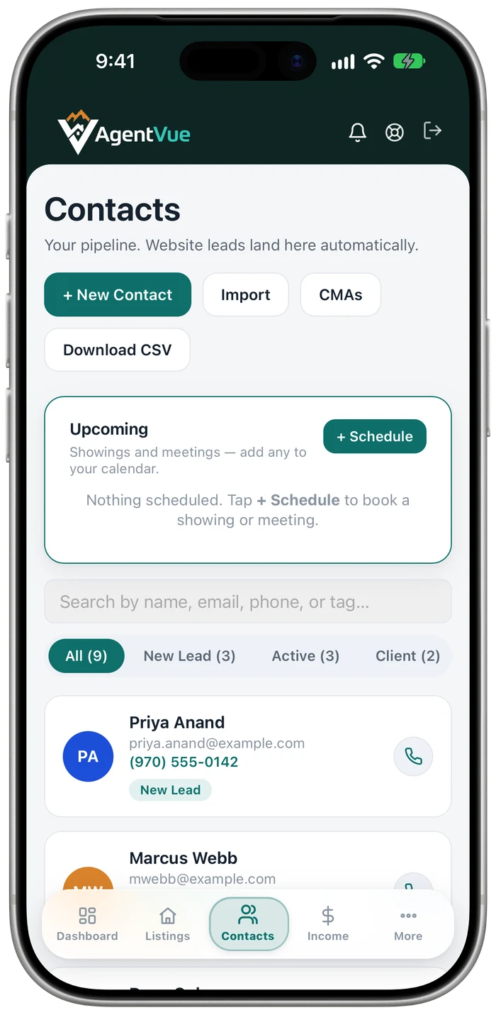 AgentVue contacts and pipeline on iPhone