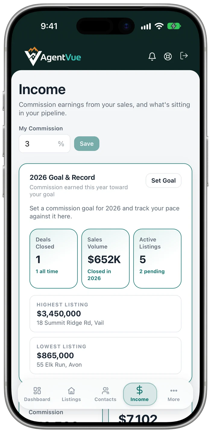 AgentVue commission and income tracking on iPhone