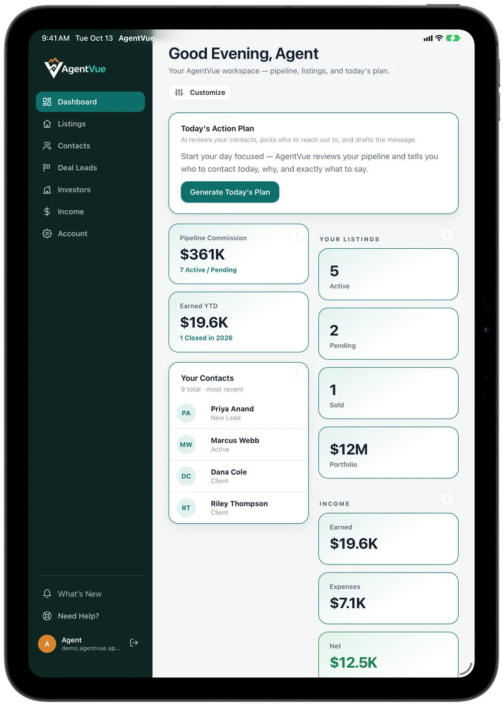 AgentVue dashboard on iPad: action plan, pipeline commission, listings and income