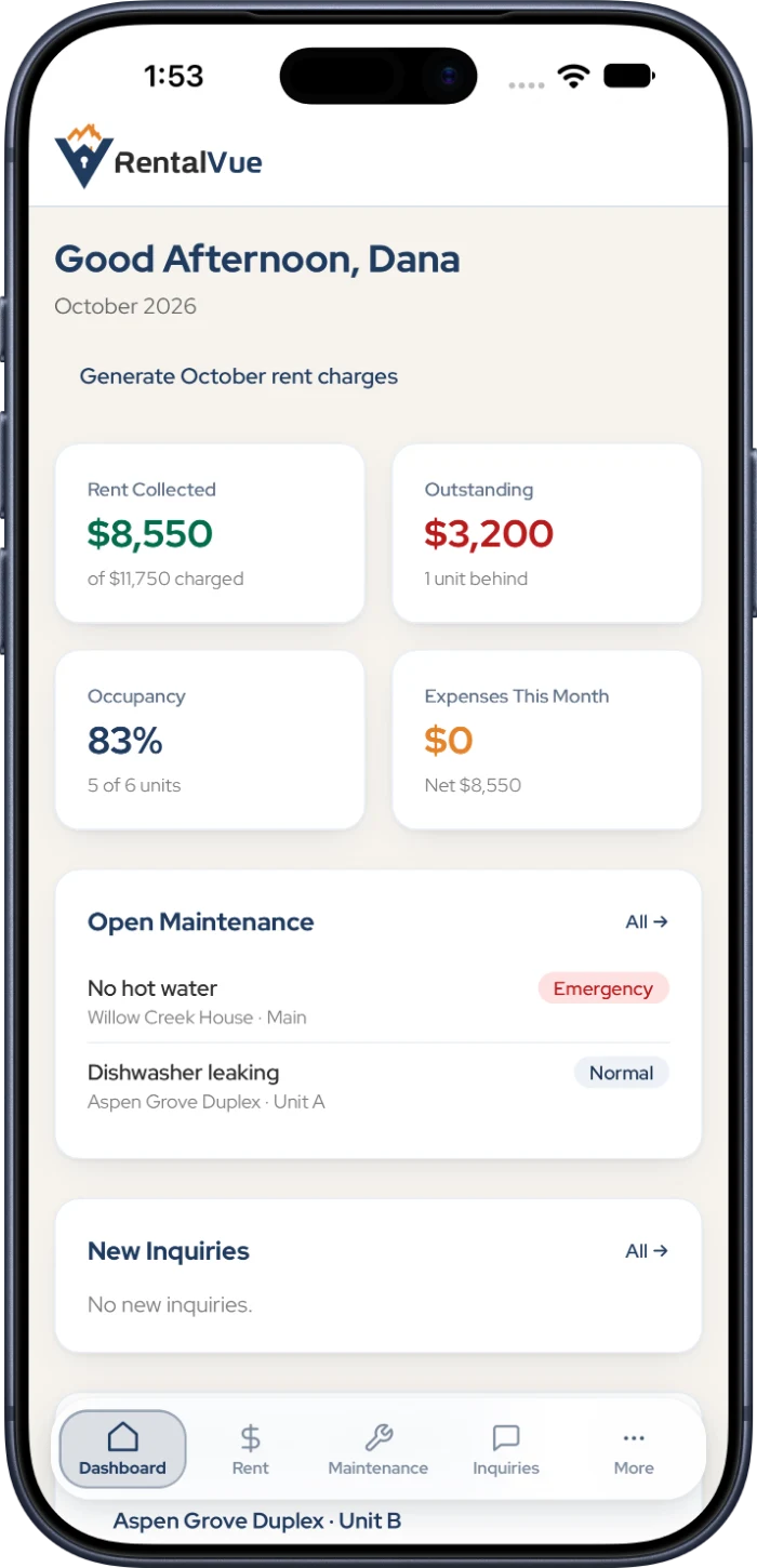 RentalVue dashboard on iPhone