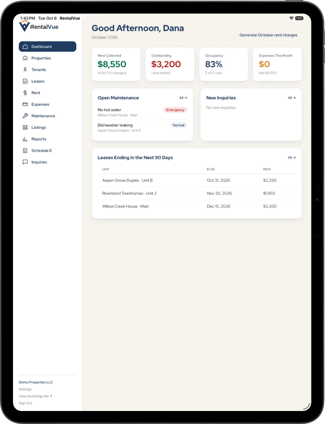 RentalVue dashboard on iPad: rent collected, occupancy, maintenance and leases ending soon