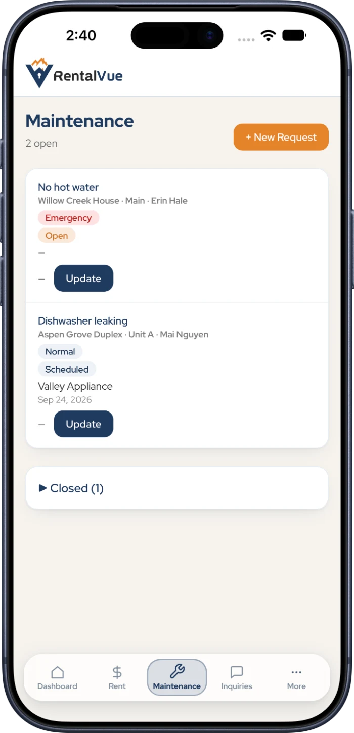 RentalVue maintenance requests on iPhone
