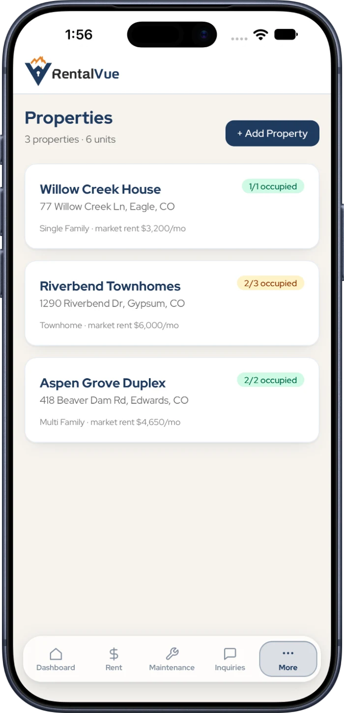 RentalVue properties and occupancy on iPhone