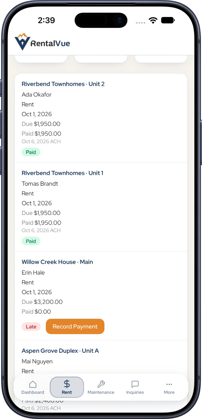 RentalVue rent roll on iPhone