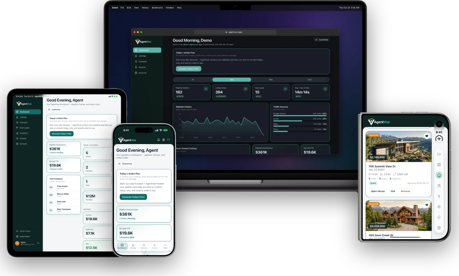 AgentVue on a MacBook Pro, iPad, iPhone and iPhone Duo