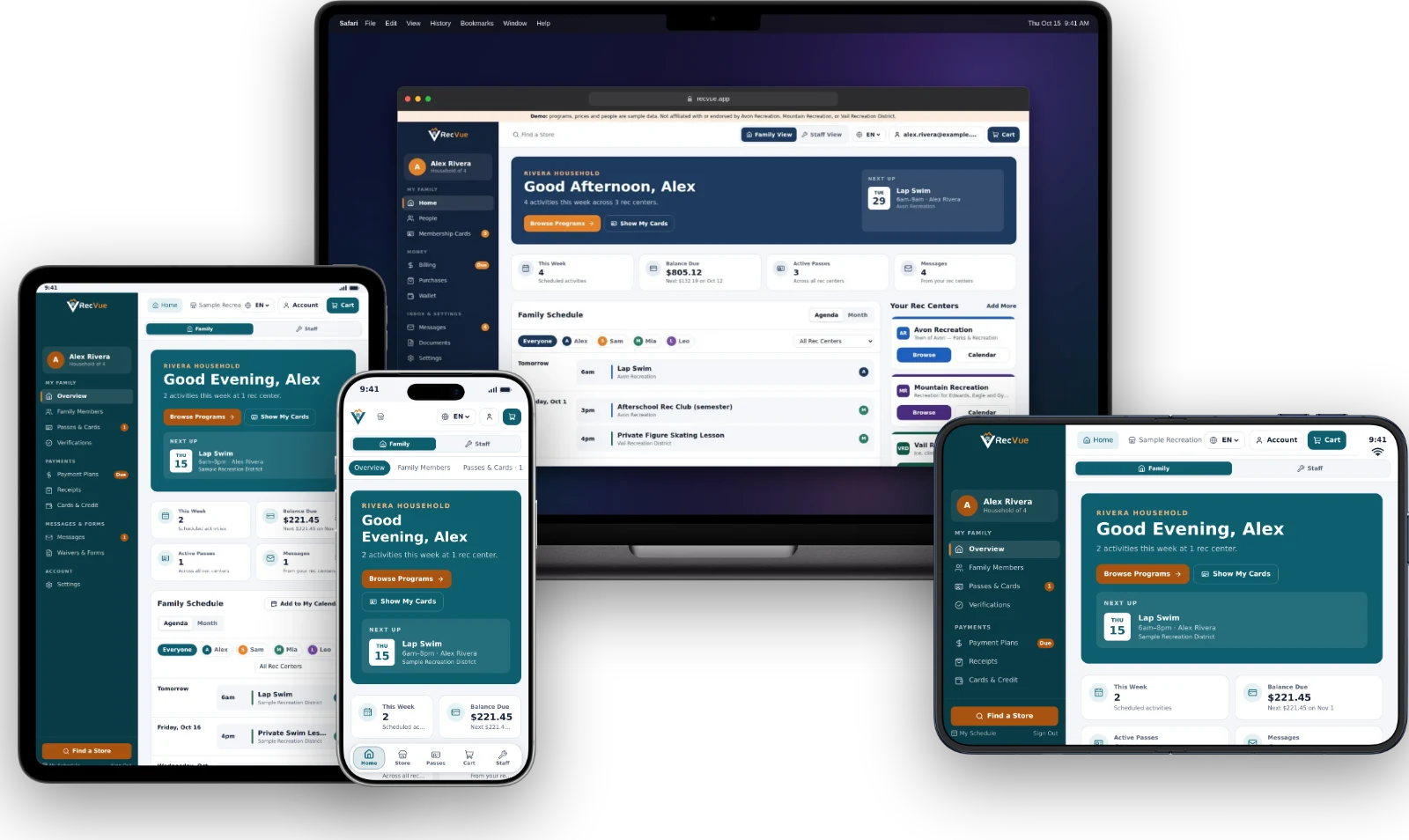 RecVue on a MacBook Pro, iPad, iPhone and an unfolded iPhone Duo