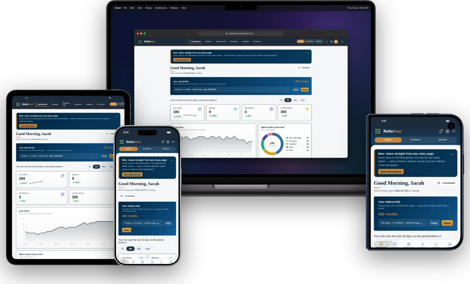 ReferVue on a MacBook Pro, iPad, iPhone and iPhone Duo