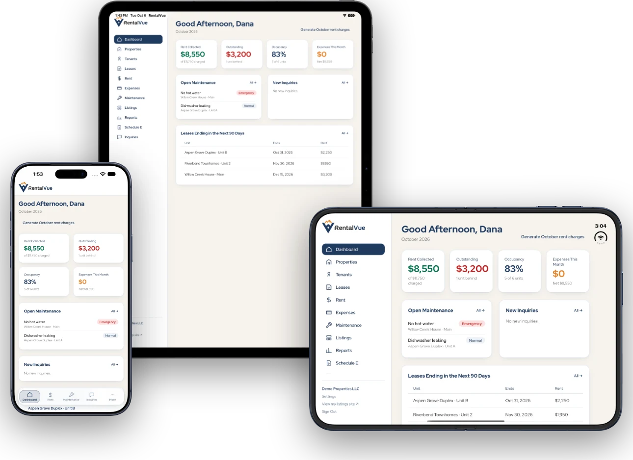 RentalVue on iPad, iPhone and an unfolded iPhone Duo