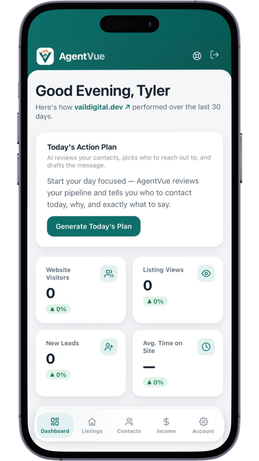 AgentVue dashboard on a phone